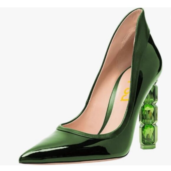 FSJ Green Pointed Toe Slip On Crystal Gorgeous Three Diamonds High Heel Pumps - Picture 1 of 8